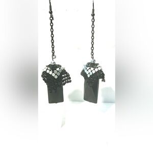 Vintage Retro Dangle Black And Silver Tone Metal Chain And Crystal Hook Earrings